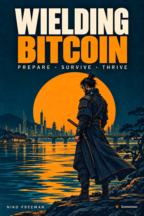Wielding Bitcoin: a samurai stands by a river at sunset, a city across the water