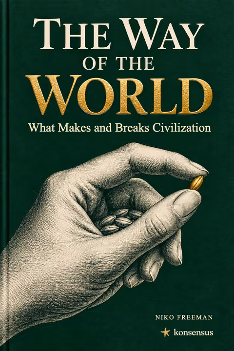 The Way of the World: an engraved hand holds seeds, one of them gold, on green