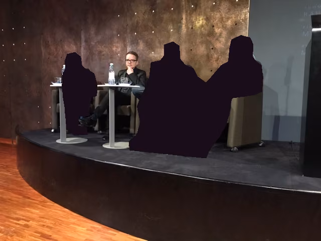 Seated on a panel on a round stage, between fellow panelists printed as silhouettes