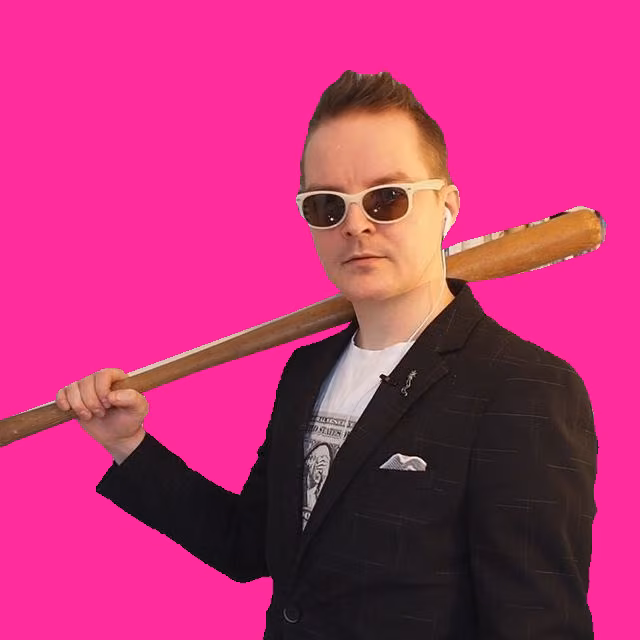 White shades and a black blazer, a baseball bat on one shoulder